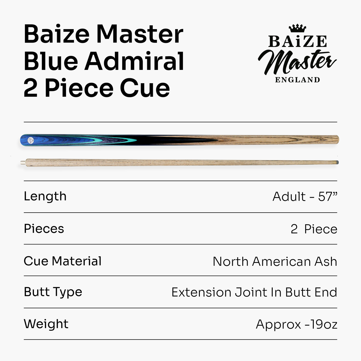 Baize Master Blue Admiral Limited Edition 57 Inch 2 Piece Professional Ash Snooker Pool Cue 9.5mm Tip with Hand Fitted PRO SPIN Medium Tip - Hand Finished in the UK by Cue Care Jim using Lynch’s Cue Balm