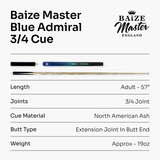 Baize Master Blue Admiral Limited-Edition 57 Inch ¾ Joint Professional Ash Snooker Pool Cue 9.5mm Tip with Hand Fitted PRO SPIN Medium Tip - Hand Finished in the UK by Cue Care Jim using Lynch’s Cue Balm