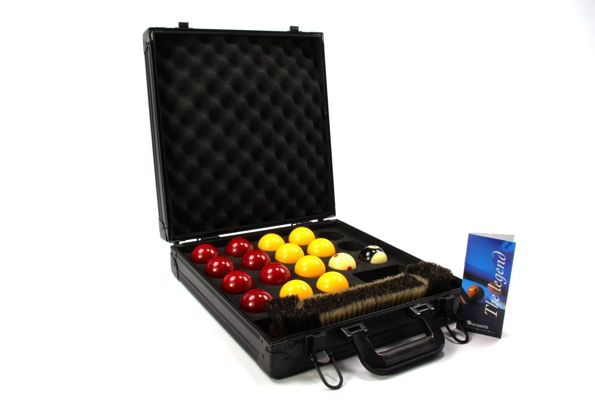 2” Super Aramith Pro-Cup Pool Balls, Luxury J8B MK2 Aluminium Carry Case with Maxi Towel and 12 inch Mahogany Brush