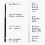 Dynamite Billiards Diamond Series 58 Inch 2 Piece Centre Joint American Pool Cue with Premium Tapered Maple Shaft and 12.5mm Layered Everest Tip – Designed and endorsed by World Pool Champion, Darren Appleton