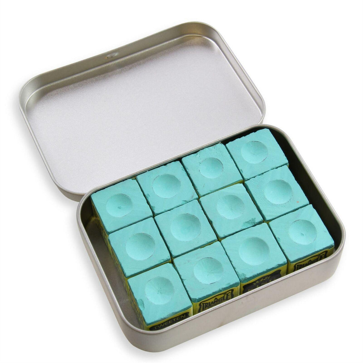 Baize Master - Metal Chalk Gift Tin with 12 Green Tweeten Triangle King Chalk