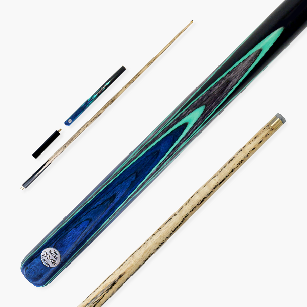 Baize Master Blue Admiral Limited-Edition 57 Inch ¾ Joint Professional Ash Snooker Pool Cue 9.5mm Tip with Hand Fitted PRO SPIN Medium Tip - Hand Finished in the UK by Cue Care Jim using Lynch’s Cue Balm