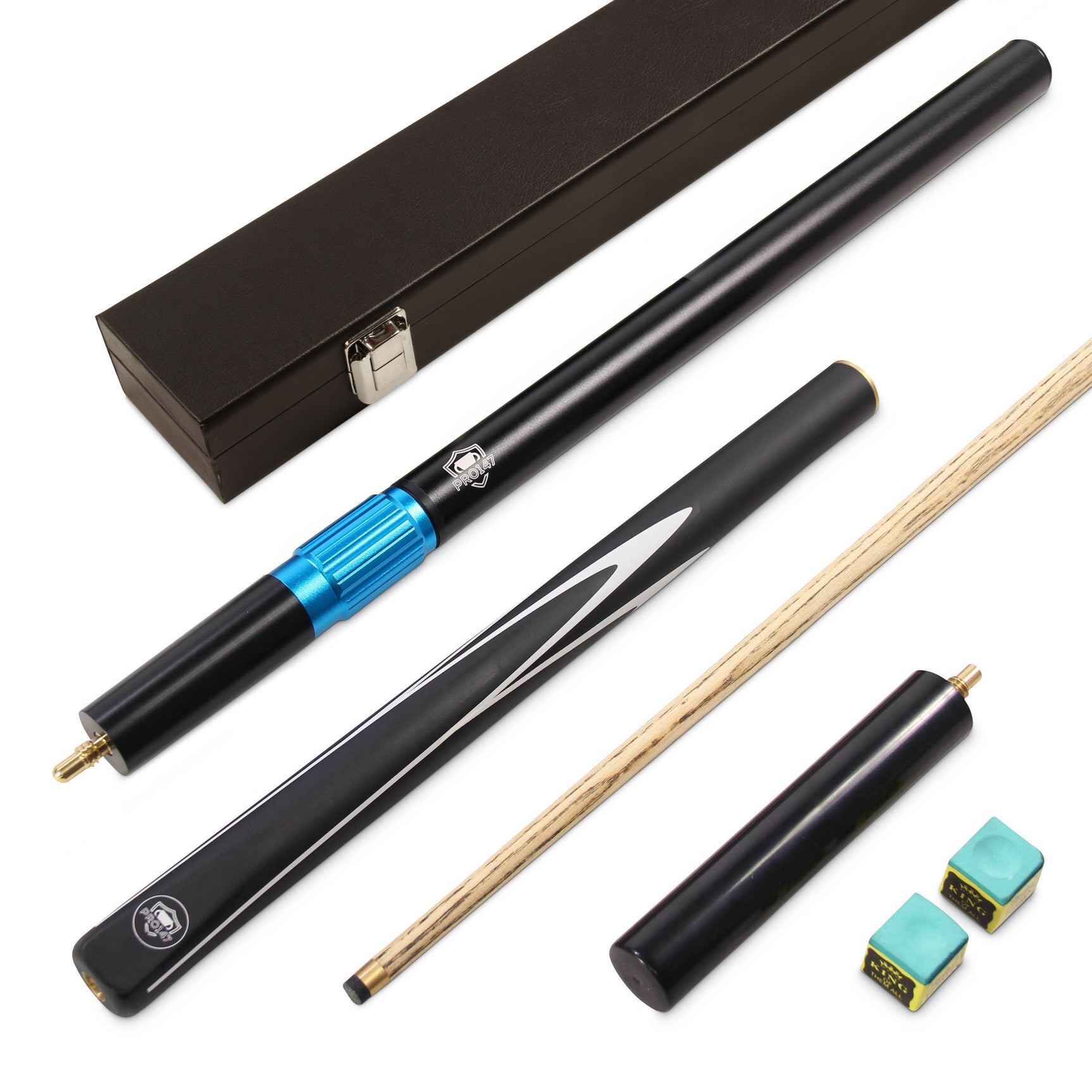 PRO147 STRIKER 3/4 Snooker Pool Cue and Case Set Black Hard Case, Extensions and Chalks 9.5mm Tip