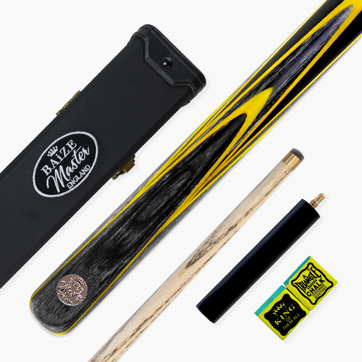 Baize Master Gold Series YELLOW EMPEROR 8-BALL POOL CUE SET with 57 Inch Hand Spliced 3/4 Joint Cue 8mm Tip, Deluxe Black Interior Hard Case and 2 x Chalk