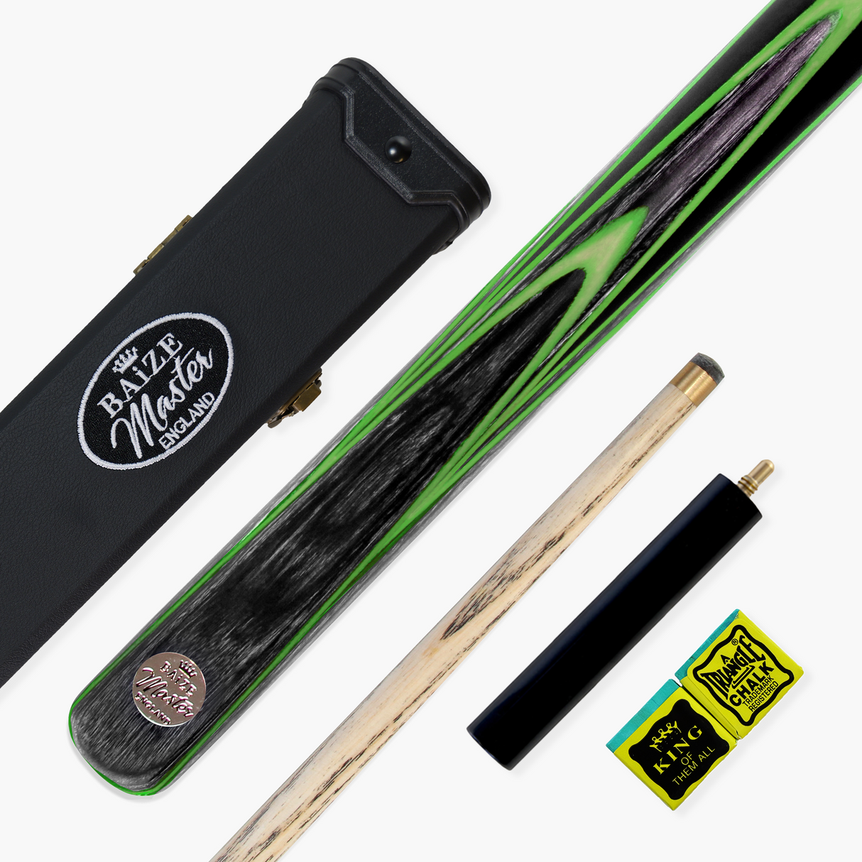 Baize Master Gold Series GREEN EMPEROR 8-BALL POOL CUE SET with 57 Inch Hand Spliced 3/4 Joint Cue 8mm Tip, Deluxe Black Interior Hard Case and 2 x Chalk