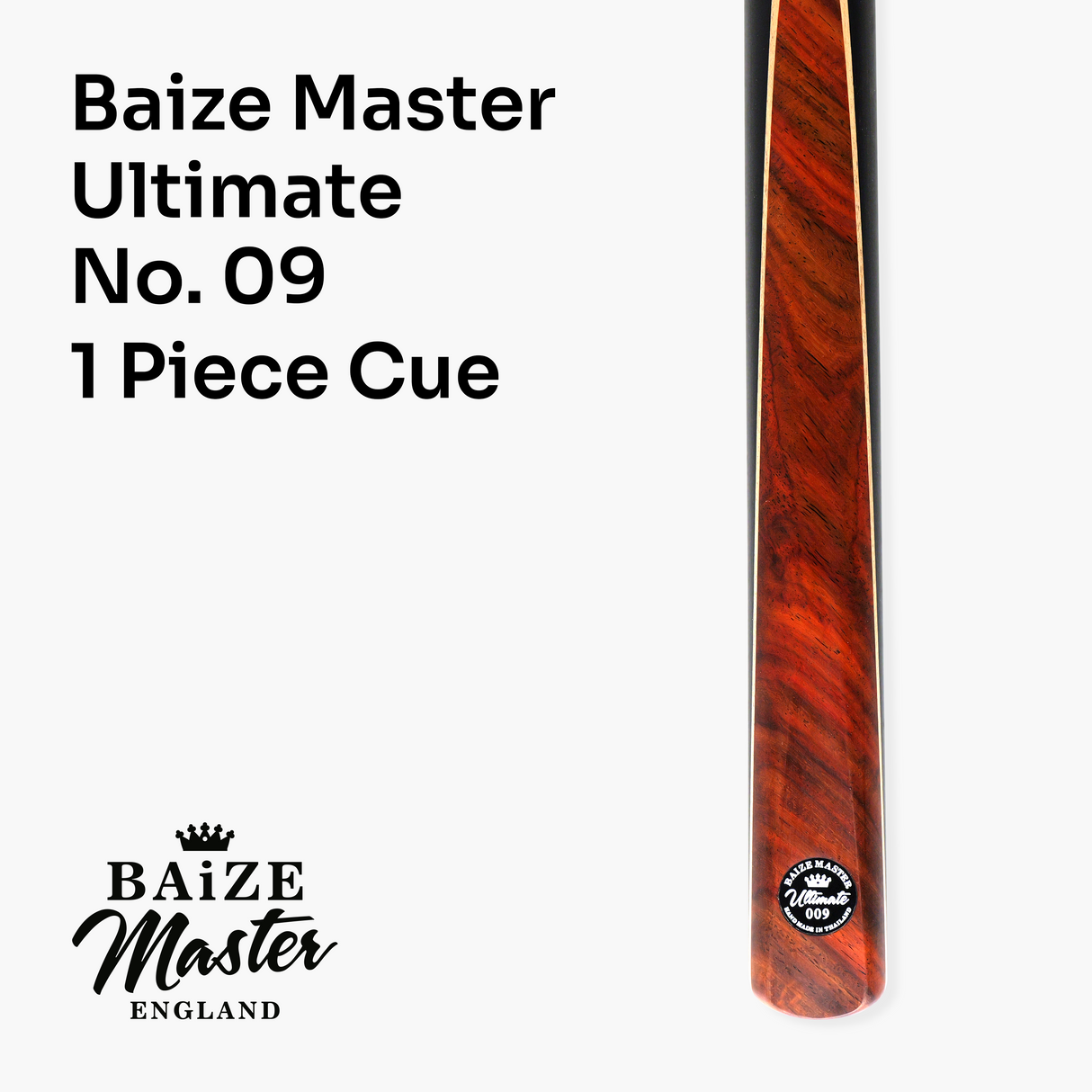 Baize Master Ultimate #009 57 Inch One Piece Hand Spliced Ebony Butt English Pool Cue with Hand-Fitted Asia Cues Pro 8.7mm Tip – Handmade in Thailand by Asia Cues