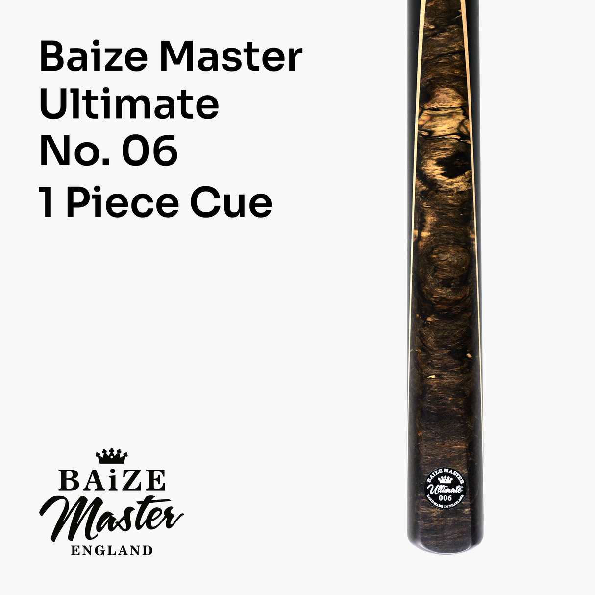 Baize Master Ultimate #006 59 Inch One Piece Hand Spliced Ebony Butt English Pool Cue with Hand-Fitted Asia Cues Pro 8.3mm Tip – Handmade in Thailand by Asia Cues