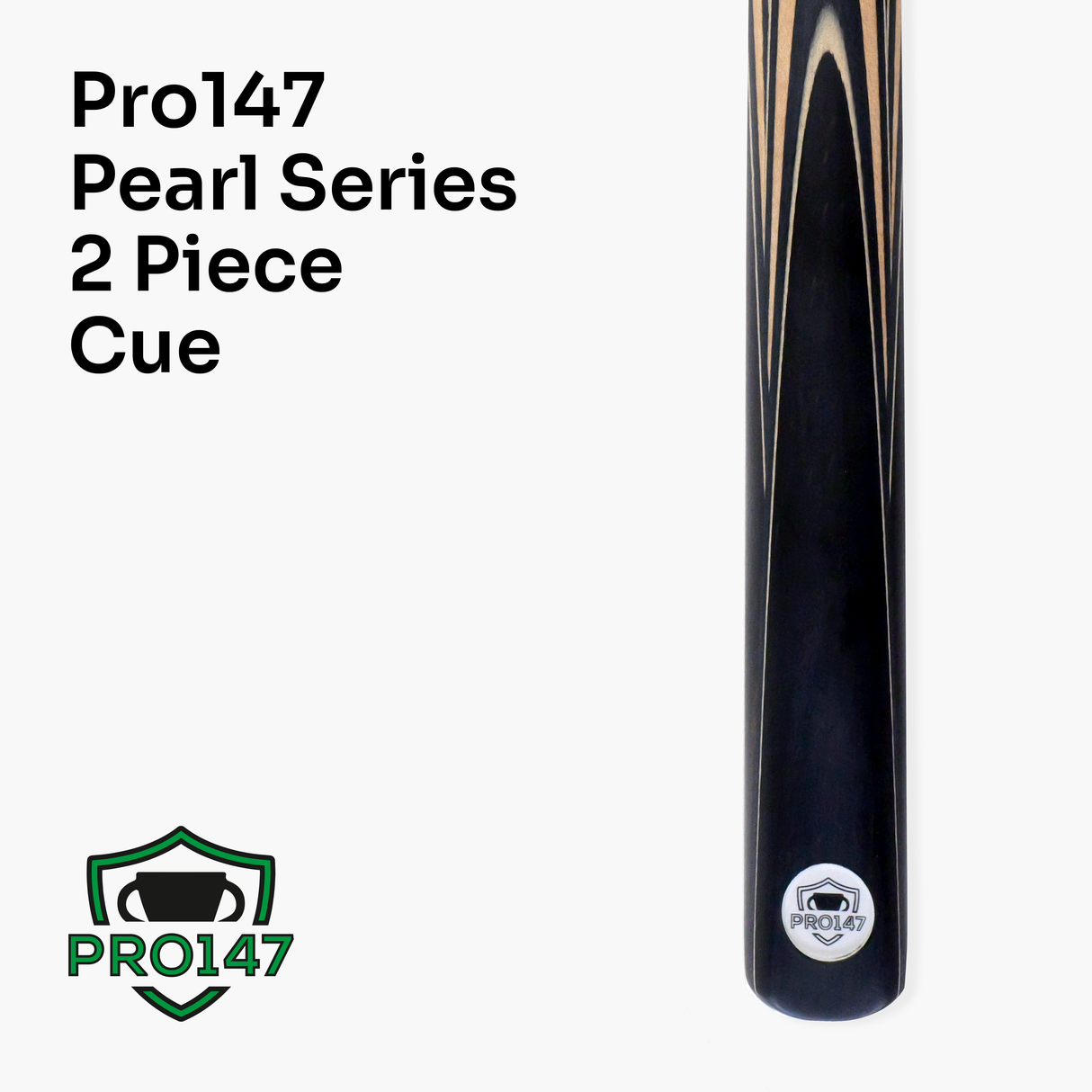 PRO147 Pearl Series C Hand Spliced 2 Piece 57 Inch Snooker Pool Cue with Smooth Premium Ash Shaft and Ebony Style Butt with 9.5mm Pro Leather Tip