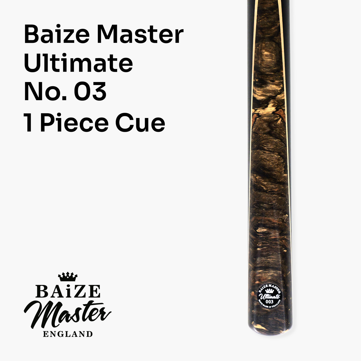 Baize Master Ultimate #003 57 Inch One Piece Hand Spliced Ebony Butt English Pool Cue with Hand-Fitted Asia Cues Pro 8.3mm Tip – Handmade in Thailand by Asia Cues