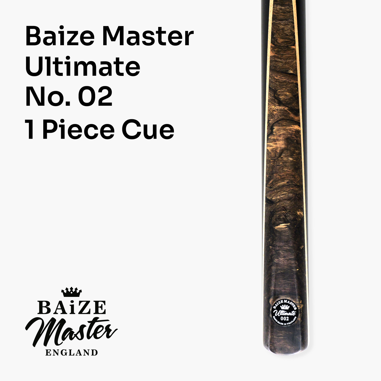 Baize Master Ultimate #002 55 Inch One Piece Hand Spliced Ebony Butt English Pool Cue with Hand-Fitted Asia Cues Pro 8.3mm Tip – Handmade in Thailand by Asia Cues