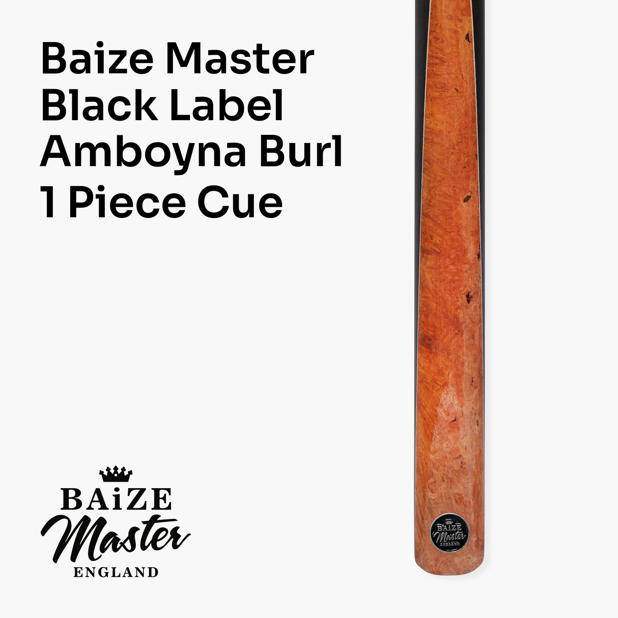 BAIZE MASTER Black Label 58 Inch One Piece Hand Spliced Premium Ebony Butt Snooker Cue with 9.75mm Leather Tip