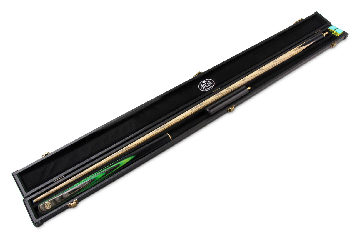 Baize Master Gold Series GREEN EMPEROR 8-BALL POOL CUE SET with 57 Inch Hand Spliced 3/4 Joint Cue 8mm Tip, Deluxe Black Interior Hard Case and 2 x Chalk