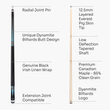 Dynamite Billiards Diamond Series 58 Inch 2 Piece Centre Joint American Pool Cue with Premium Tapered Maple Shaft and 12.5mm Layered Everest Tip – Designed and endorsed by World Pool Champion, Darren Appleton