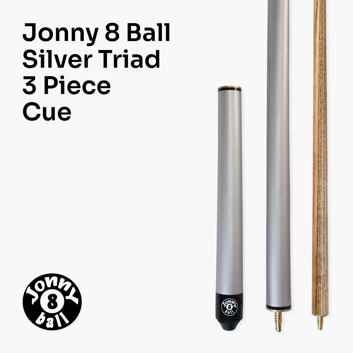 Jonny 8 Ball 57 Inch SILVER TRIAD 3 Section Ash Pool Snooker Cue & SOFT CASE