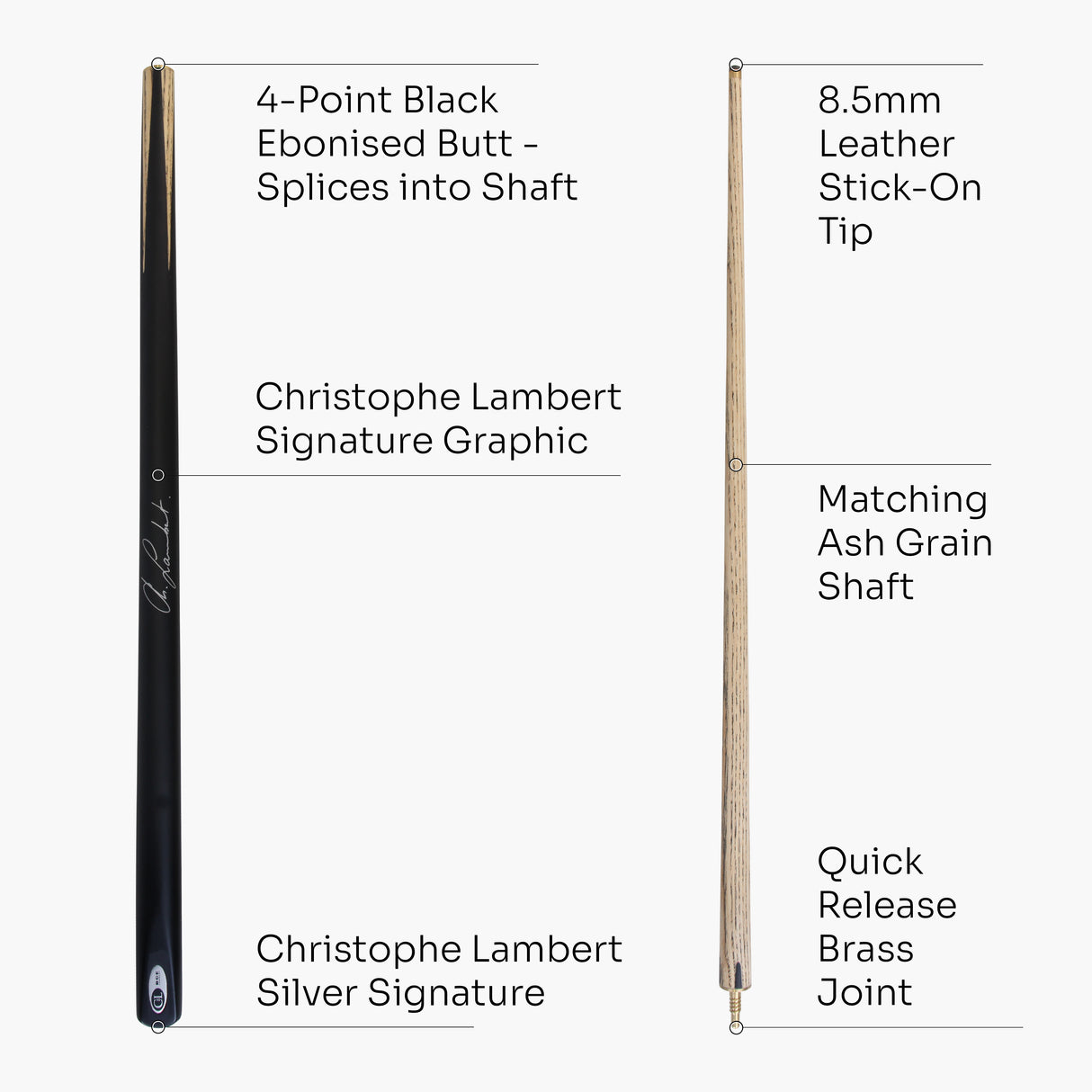 BCE Christophe Lambert 48 Inch JUNIOR CHAMPION 2 Piece English Pool Cue and Case Set 8.5mm Tip