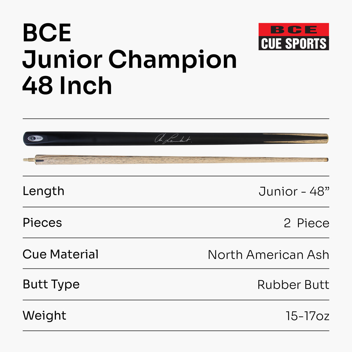 BCE Christophe Lambert 48 Inch JUNIOR CHAMPION 2 Piece English Pool Cue and Case Set 8.5mm Tip