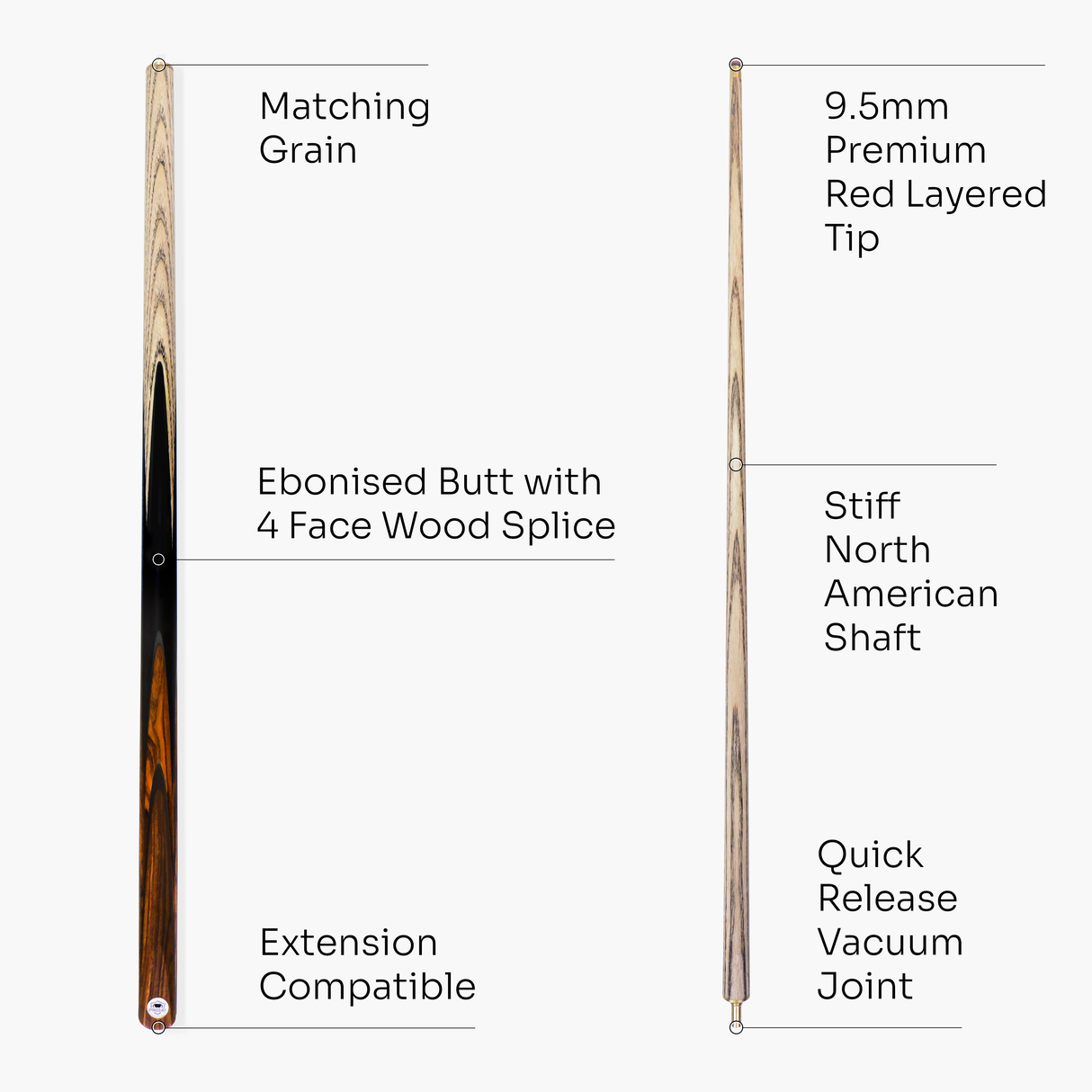 PRO147 Pearl Series A Hand Spliced 2 Piece 57 Inch Snooker Pool Cue with Smooth Premium Ash Shaft and Ebony Style Butt with 9.5mm Pro Leather Tip