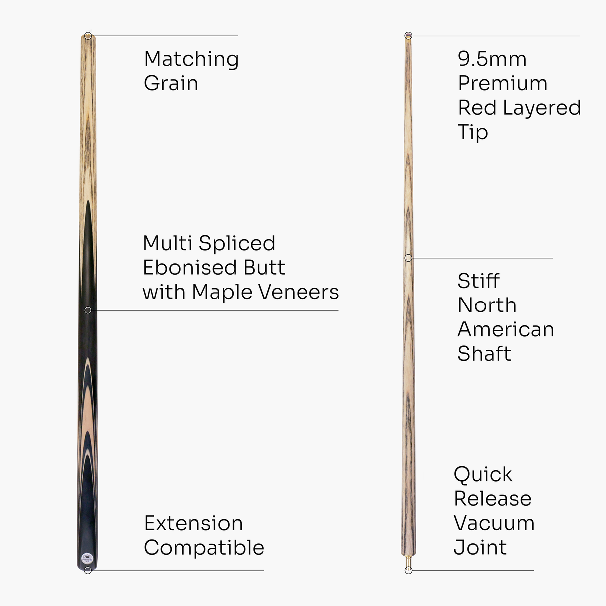 PRO147 Pearl Series C Hand Spliced 2 Piece 57 Inch Snooker Pool Cue with Smooth Premium Ash Shaft and Ebony Style Butt with 9.5mm Pro Leather Tip