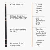 Dynamite Billiards Diamond Series 58 Inch 2 Piece Centre Joint American Pool Cue with Premium Tapered Maple Shaft and 12.5mm Layered Everest Tip – Designed and endorsed by World Pool Champion, Darren Appleton