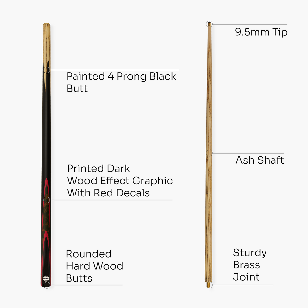 Pro147 RED BURL 2pc Centre Joint Snooker Pool Cue 57 Inch with Matching Ash Grain and 9.5mm Tip