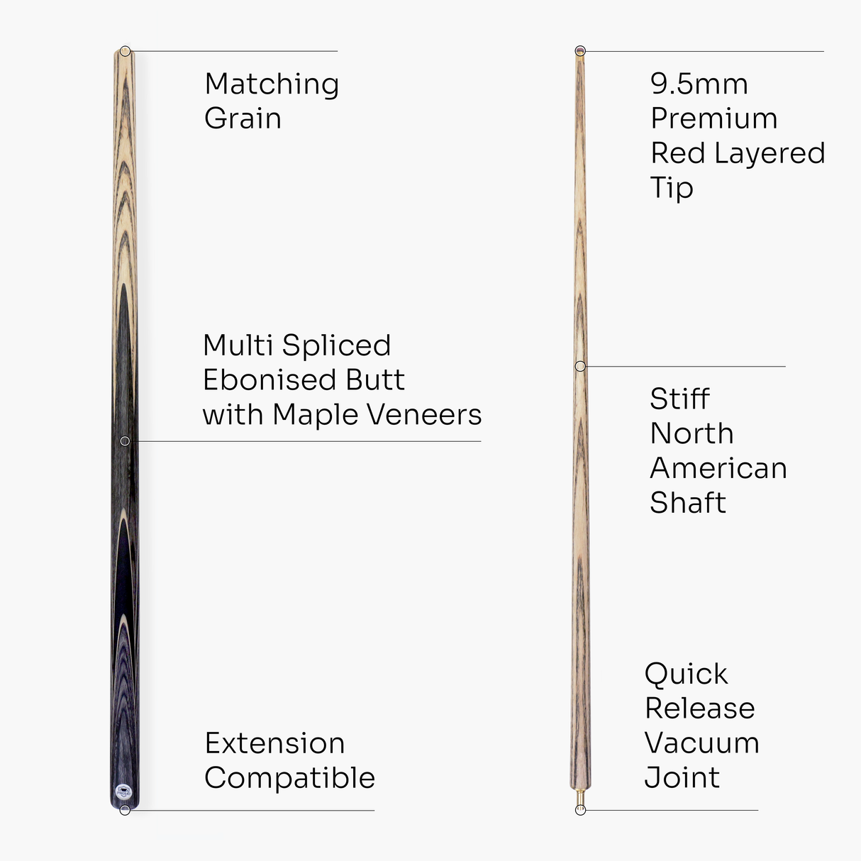 PRO147 Pearl Series D Hand Spliced 2 Piece 57 Inch Snooker Pool Cue with Smooth Premium Ash Shaft and Ebony Style Butt with 9.5mm Pro Leather Tip