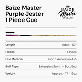 Baize Master 1 Piece PURPLE JESTER 57 Inch Ash Snooker Pool Cue with 9.5mm Tip