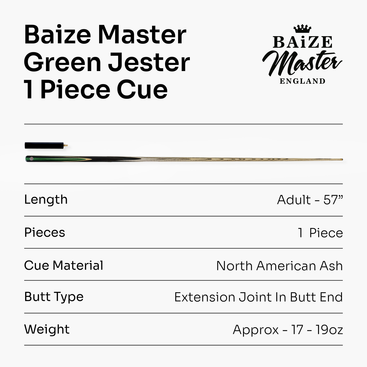 Baize Master 1 Piece GREEN JESTER 57 Inch Ash Snooker Pool Cue with 9.5mm Tip