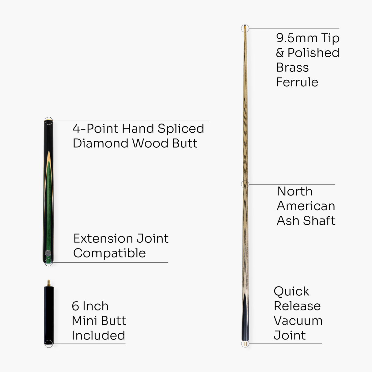 Baize Master GREEN JESTER 3/4 57 Inch Ash Snooker Pool Cue and Case Set 9.5mm Tip - With 3/4 Black Interior Case and Long Telescopic Extension