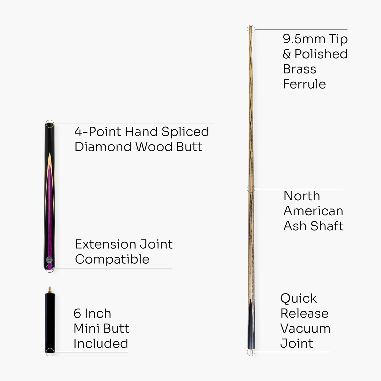 Baize Master PURPLE JESTER 3/4 57 Inch Ash Snooker Pool Cue and Case Set 9.5mm Tip - With 3/4 Black Interior Case and Long Telescopic Extension