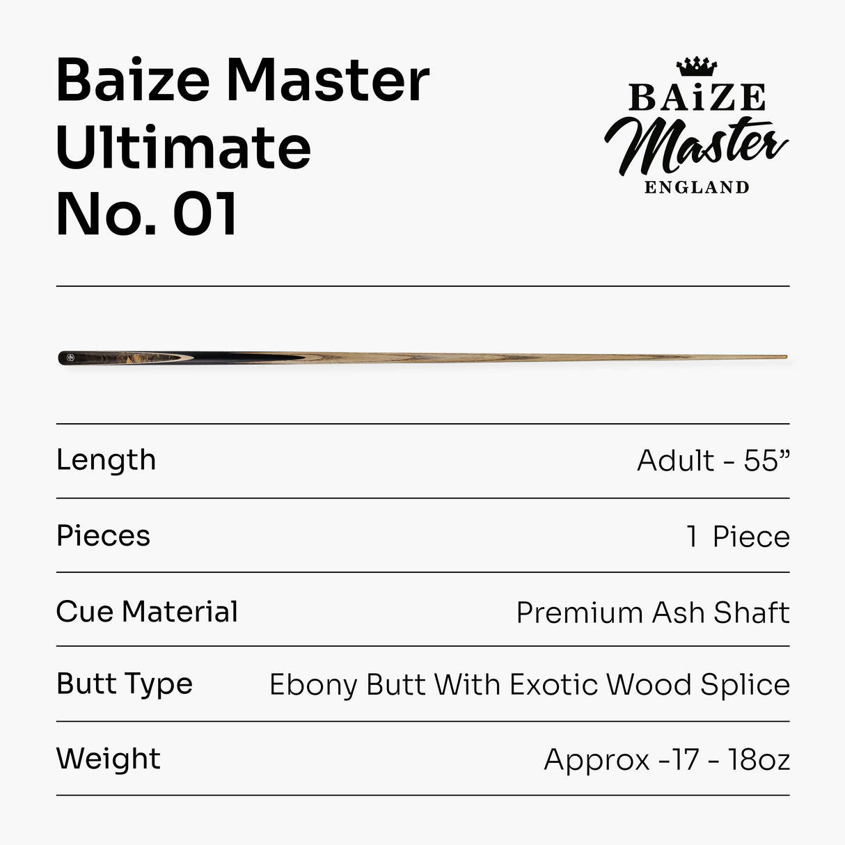 Baize Master Ultimate #001 55 Inch One Piece Hand Spliced Ebony Butt English Pool Cue with Hand-Fitted Asia Cues Pro 8.3mm Tip – Handmade in Thailand by Asia Cues