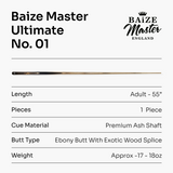 Baize Master Ultimate #001 55 Inch One Piece Hand Spliced Ebony Butt English Pool Cue with Hand-Fitted Asia Cues Pro 8.3mm Tip – Handmade in Thailand by Asia Cues