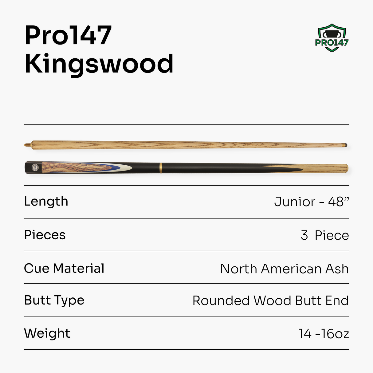 PRO147 48 Inch 3 Piece Kingswood Junior Kids Snooker Pool Cue and Soft Case Set 10mm Tip