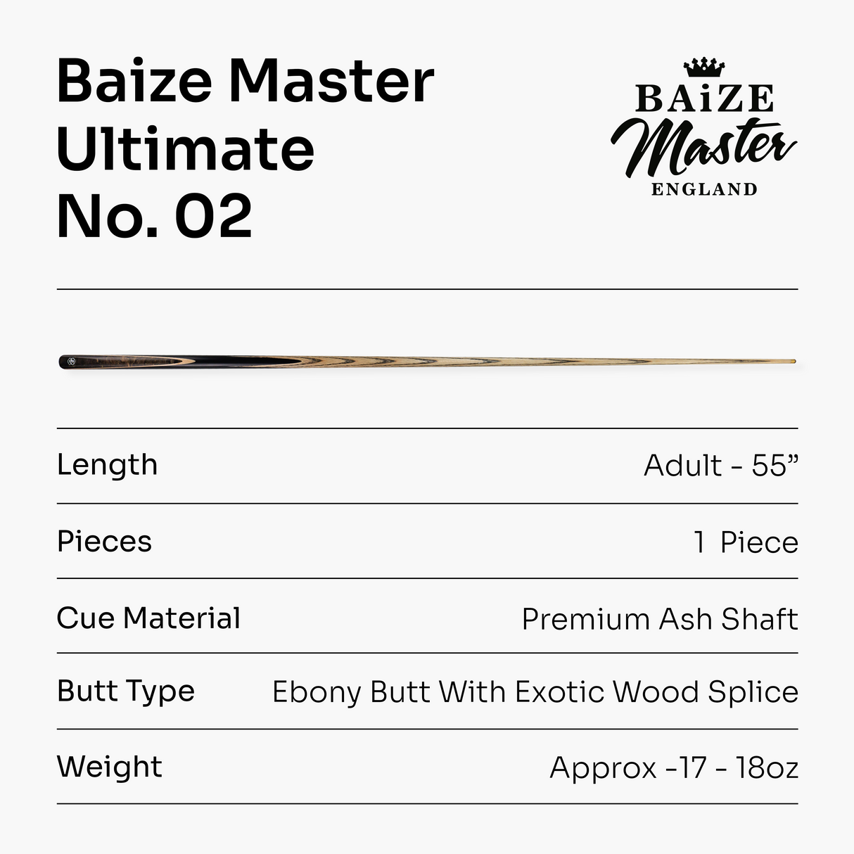 Baize Master Ultimate #002 55 Inch One Piece Hand Spliced Ebony Butt English Pool Cue with Hand-Fitted Asia Cues Pro 8.3mm Tip – Handmade in Thailand by Asia Cues