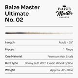 Baize Master Ultimate #002 55 Inch One Piece Hand Spliced Ebony Butt English Pool Cue with Hand-Fitted Asia Cues Pro 8.3mm Tip – Handmade in Thailand by Asia Cues