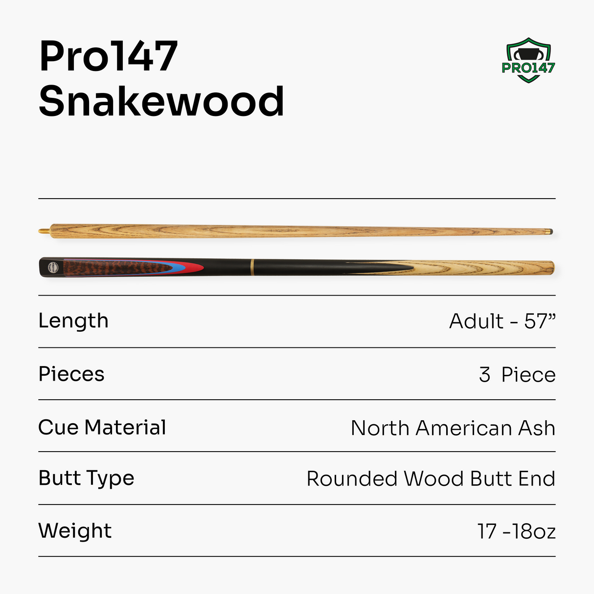 PRO147 Snakewood 57 Inch 3 Piece Length Adjustable Snooker Pool Cue and Case Set 9.5mm Tip