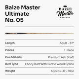 Baize Master Ultimate #005 57 Inch One Piece Hand Spliced Ebony Butt English Pool Cue with Hand-Fitted Asia Cues Pro 8.3mm Tip – Handmade in Thailand by Asia Cues