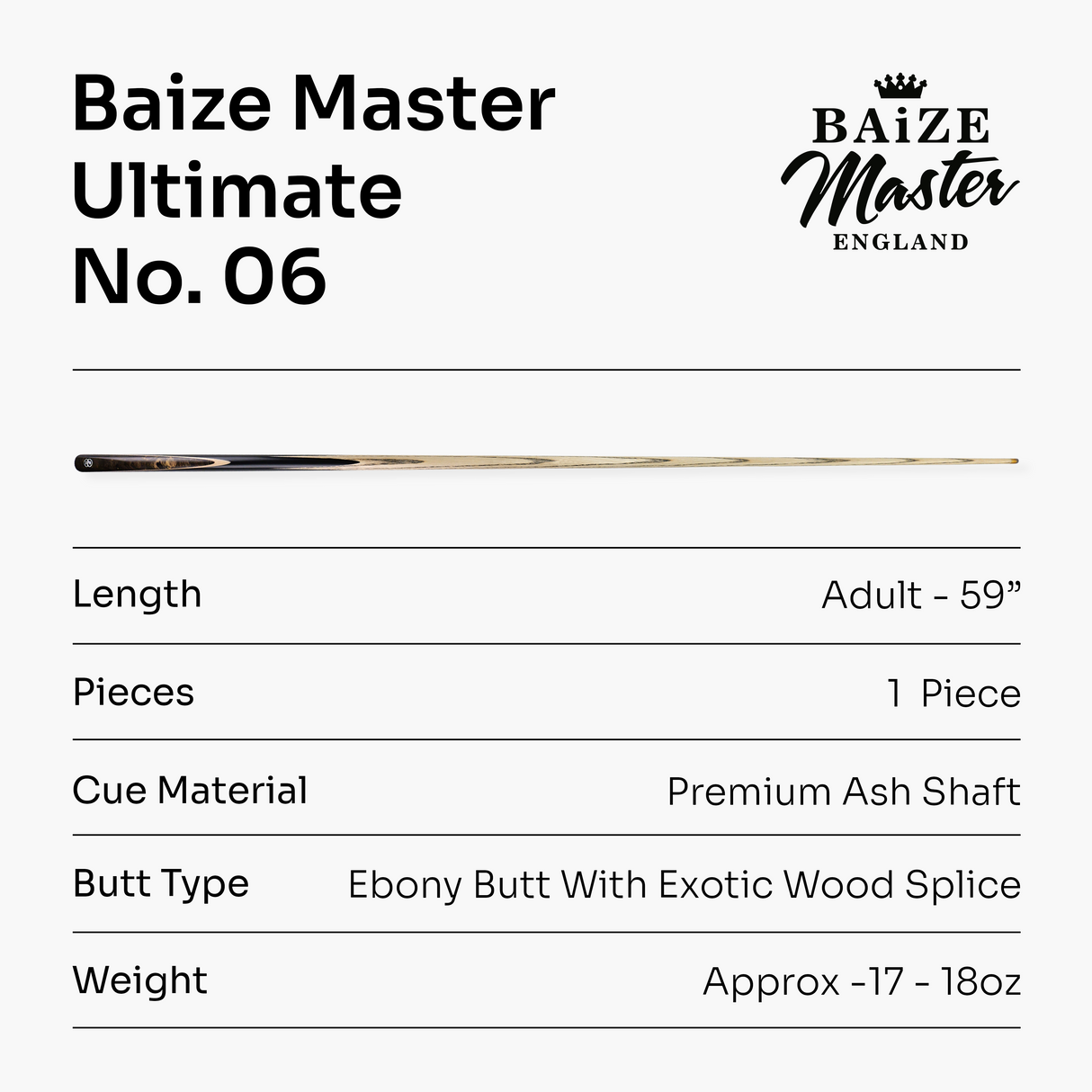 Baize Master Ultimate #006 59 Inch One Piece Hand Spliced Ebony Butt English Pool Cue with Hand-Fitted Asia Cues Pro 8.3mm Tip – Handmade in Thailand by Asia Cues