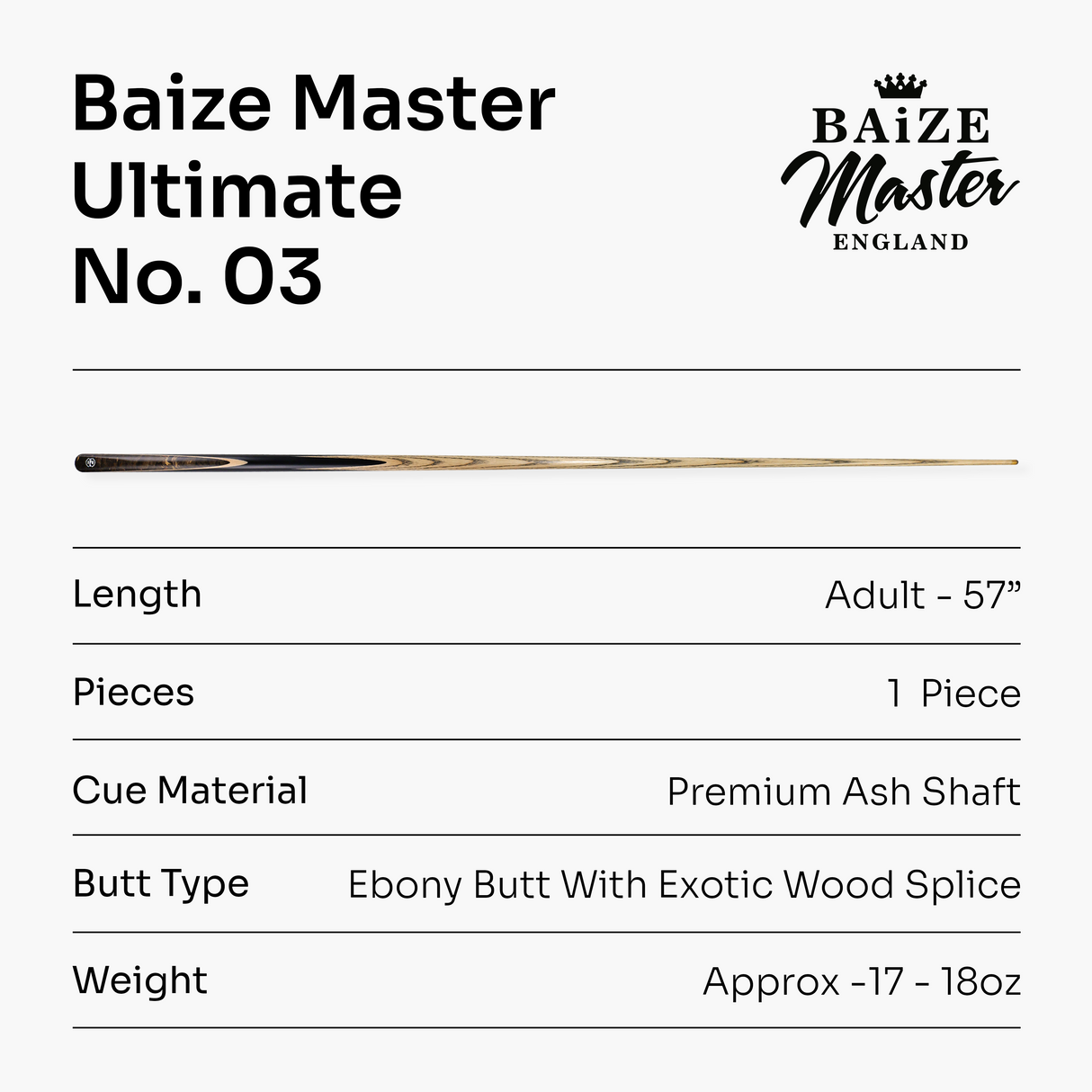 Baize Master Ultimate #003 57 Inch One Piece Hand Spliced Ebony Butt English Pool Cue with Hand-Fitted Asia Cues Pro 8.3mm Tip – Handmade in Thailand by Asia Cues