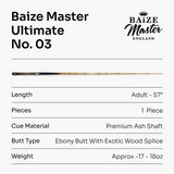 Baize Master Ultimate #003 57 Inch One Piece Hand Spliced Ebony Butt English Pool Cue with Hand-Fitted Asia Cues Pro 8.3mm Tip – Handmade in Thailand by Asia Cues