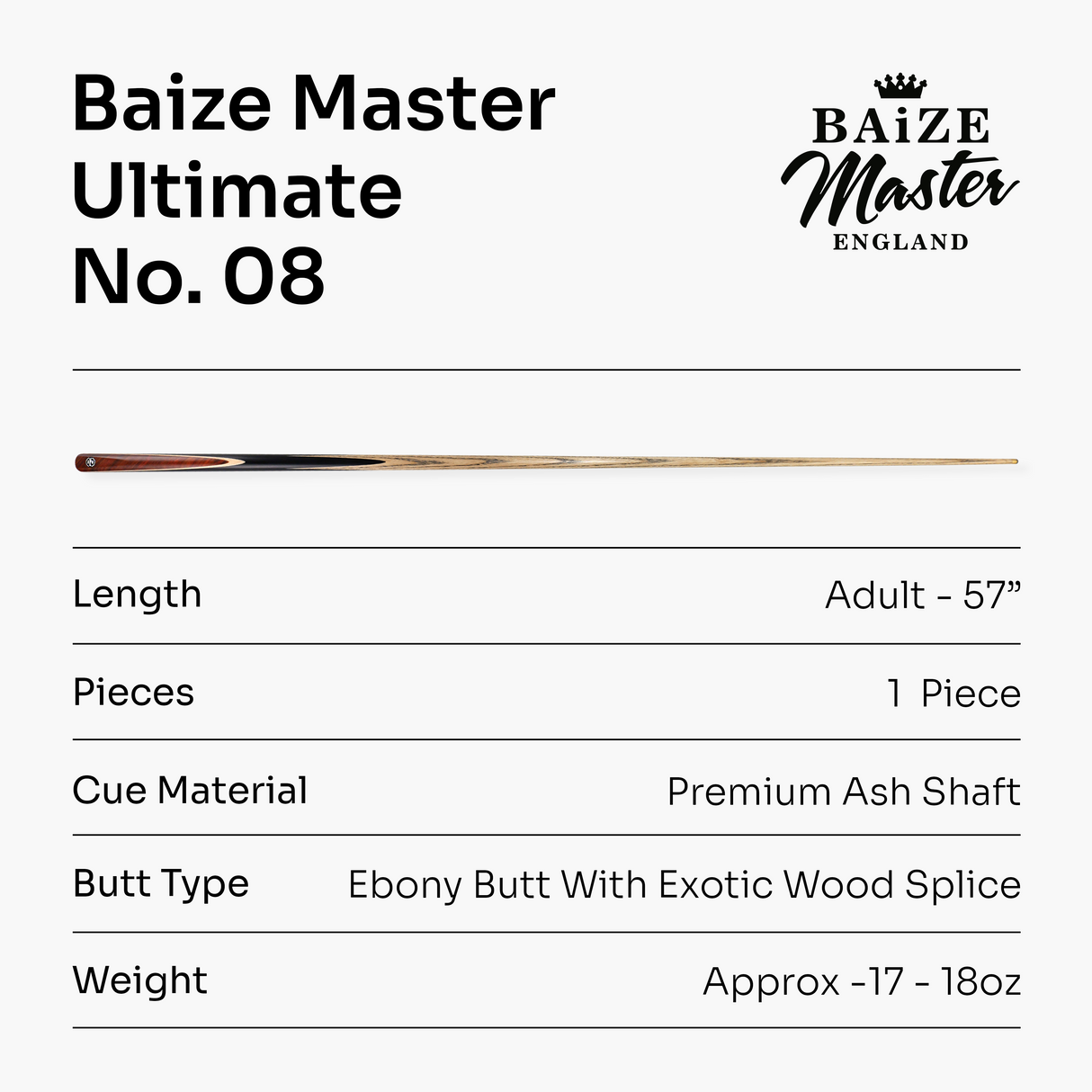 Baize Master Ultimate #008 57 Inch One Piece Hand Spliced Ebony Butt English Pool Cue with Hand-Fitted Asia Cues Pro 8.3mm Tip – Handmade in Thailand by Asia Cues