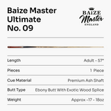 Baize Master Ultimate #009 57 Inch One Piece Hand Spliced Ebony Butt English Pool Cue with Hand-Fitted Asia Cues Pro 8.7mm Tip – Handmade in Thailand by Asia Cues