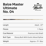 Baize Master Ultimate #004 57 Inch One Piece Hand Spliced Ebony Butt English Pool Cue with Hand-Fitted Asia Cues Pro 8.3mm Tip – Handmade in Thailand by Asia Cues