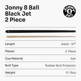 Jonny 8 Ball BLACK JET PRO PRECISION 57 Inch 8mm Tip English Pool Cue with Matching Ash Grain and Jonny 8 Ball Tubular Case