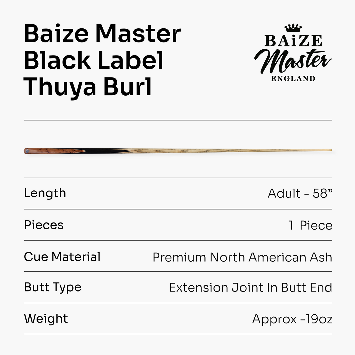 BAIZE MASTER Black Label 58 Inch One Piece Hand Spliced Premium Ebony Butt Snooker Cue with 9.75mm Leather Tip