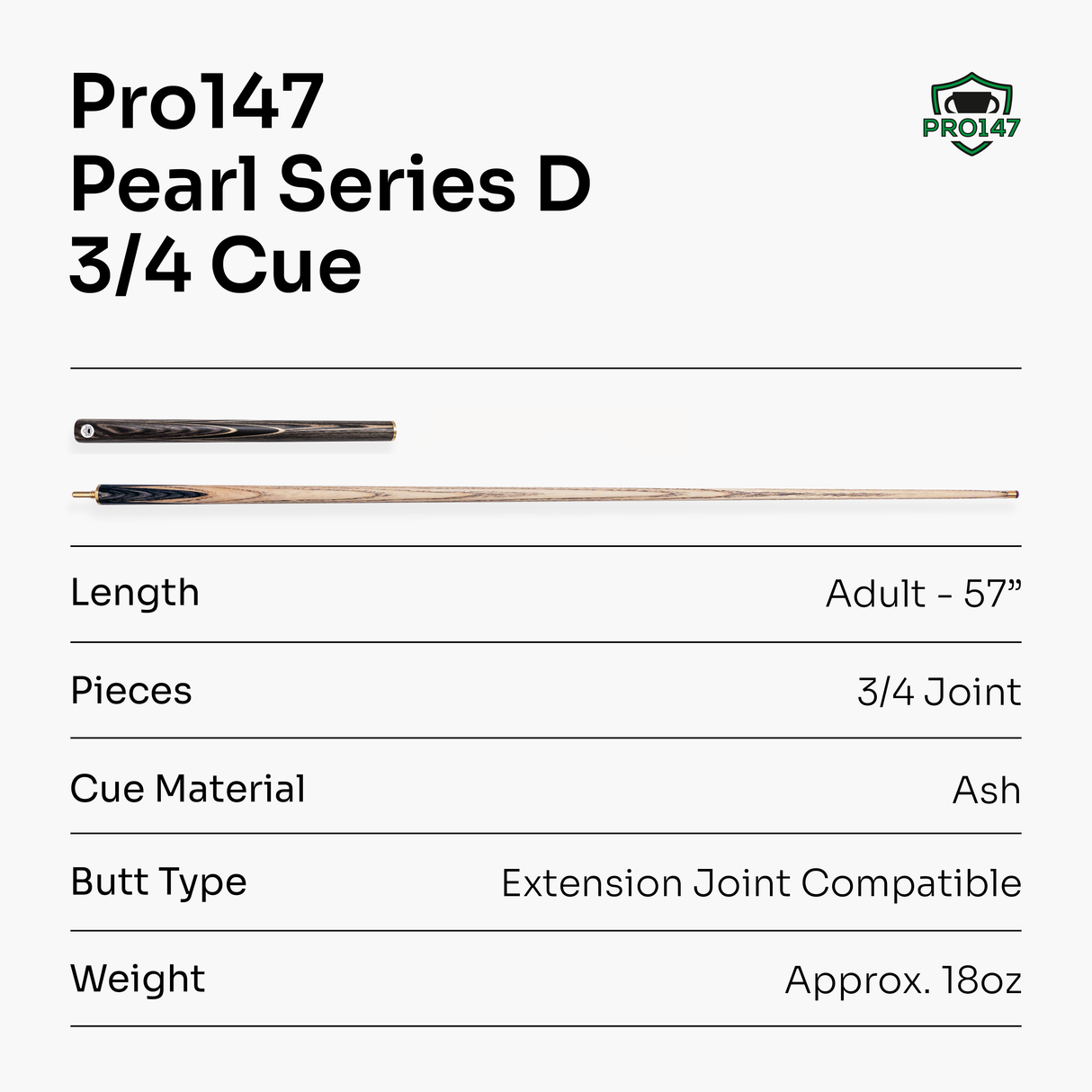 PRO147 Pearl Series D 57 Inch 3/4 Jointed Snooker Pool Cue 9.5mm Pro Leather Tip