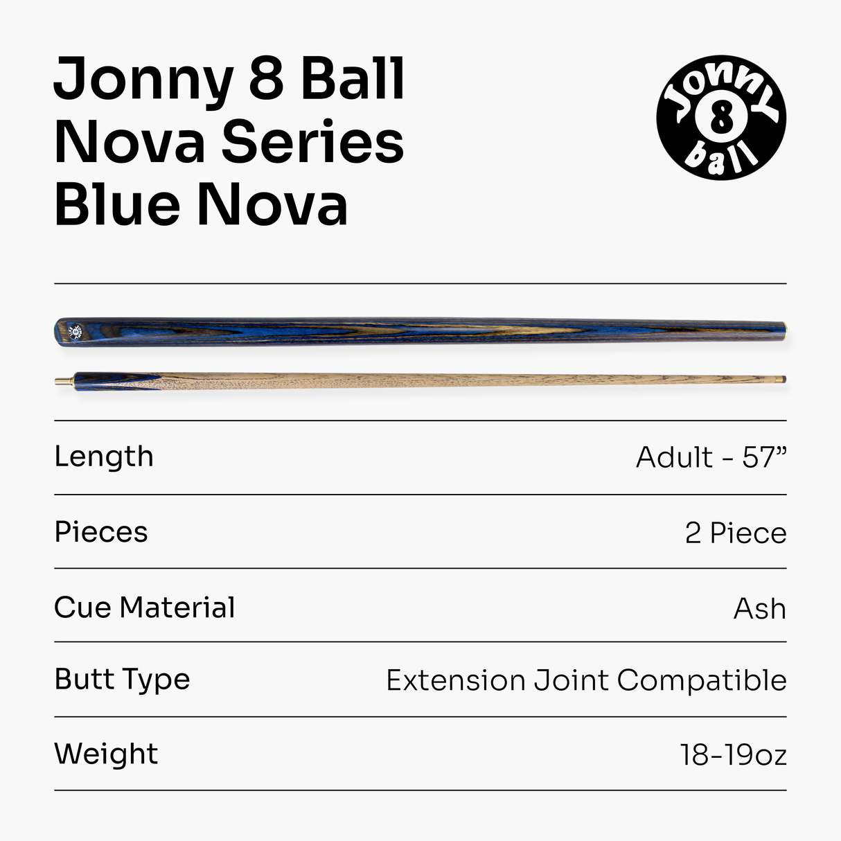 Jonny 8 Ball NOVA 57 Inch 2 Piece Centre Joint English Pool Cue and Case Set 9mm tip with Slim Tapered Ash Shaft