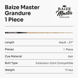 Baize Master Limited Edition Grandure One Piece Hand Spliced Ultra-Premium English Pool Cue with Titanium Ferrule and Hand-Fitted Asia Cues Pro 8mm Tip – Handmade in Thailand by Asia Cues