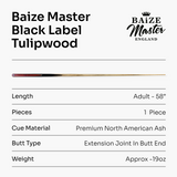 BAIZE MASTER Black Label 58 Inch One Piece Hand Spliced Premium Ebony Butt Snooker Cue with 9.75mm Leather Tip