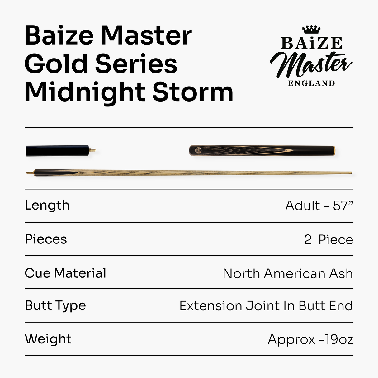 Baize Master Gold Series Midnight Collection 58 Inch ¾ Joint Premium Ash Snooker Pool Cue 9.5mm Tip