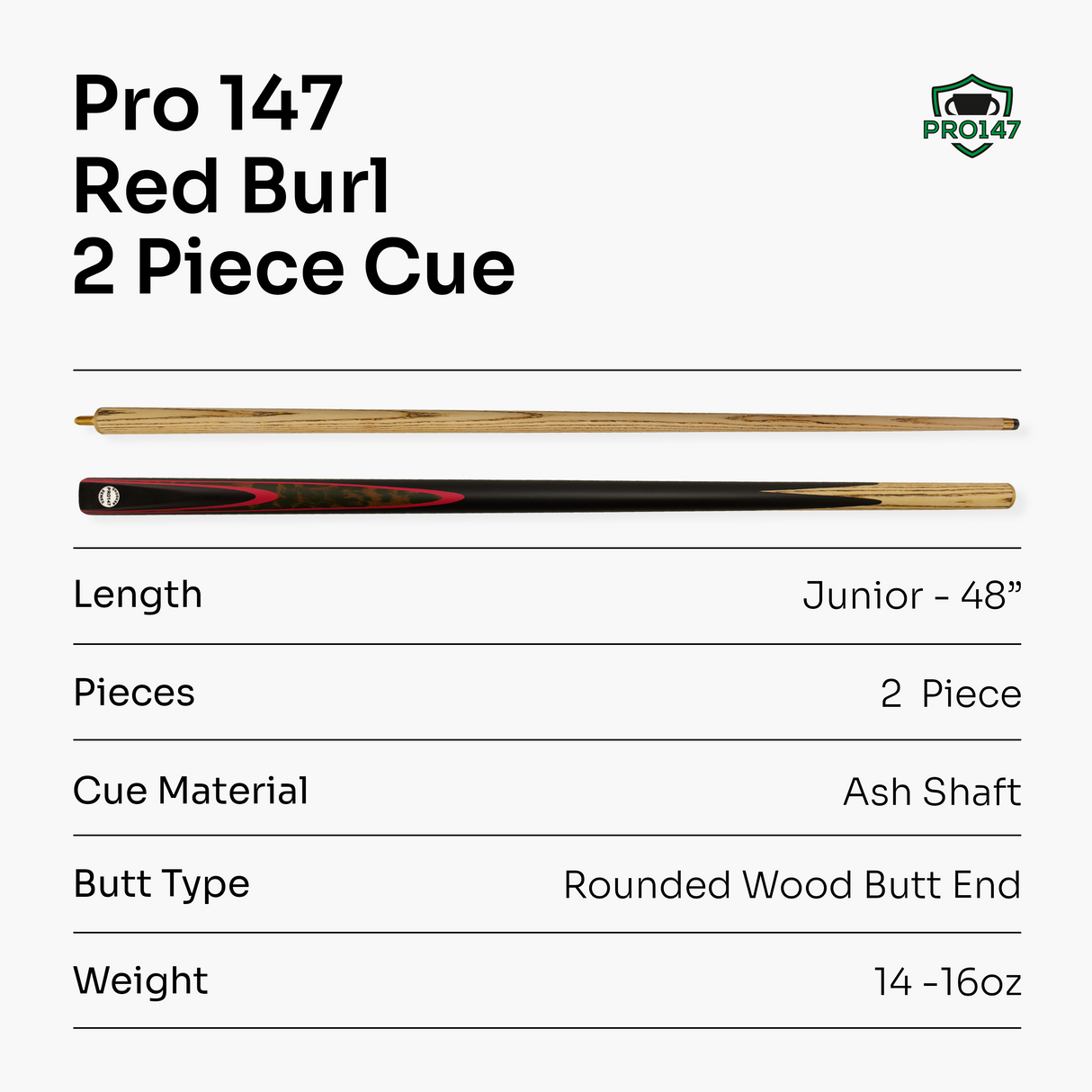 PRO147 48 Inch 2 Piece Red Burl Junior Kids Snooker Pool Cue 10mm Tip